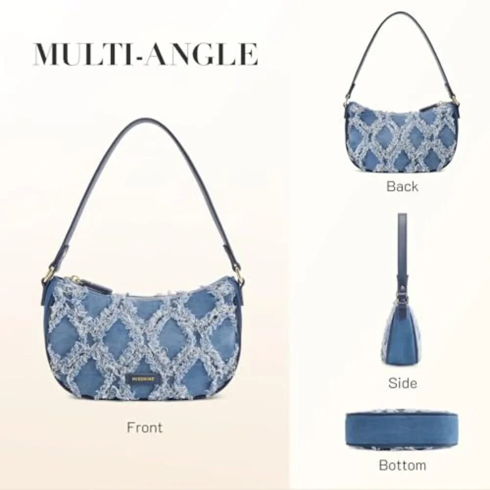 Distressed Denim Hobo Shoulder Bag with Adjustable Strap Mini Purse - Picture 7 of 8
